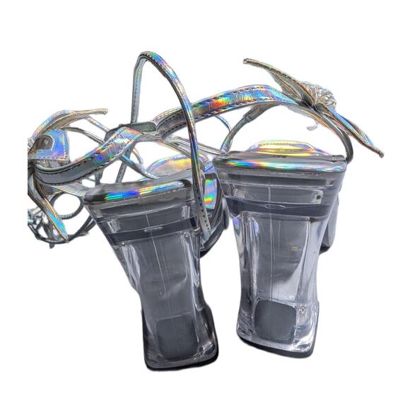 Vtg Y2K Soda Silver Holographic Flower Applique Chunky Clear Heel Sandals Sz 8.5 - Picture 3 of 8